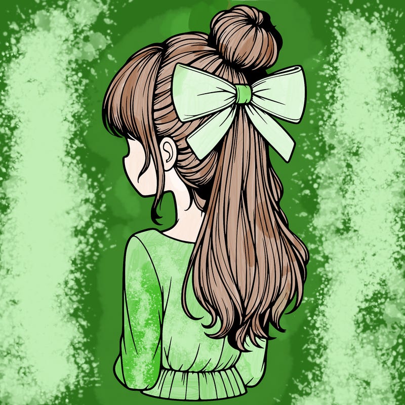 realistic girl  with hip length hair a bun and a big bow on the back of head