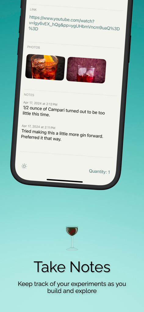 Mixology: The Last Word - 믹솔로지 앱의 레시피 노트와 칵테일 사진을 보여주는 인터페이스