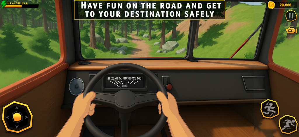 First person driving perspective from inside an RV on a forest road in a journey simulation game