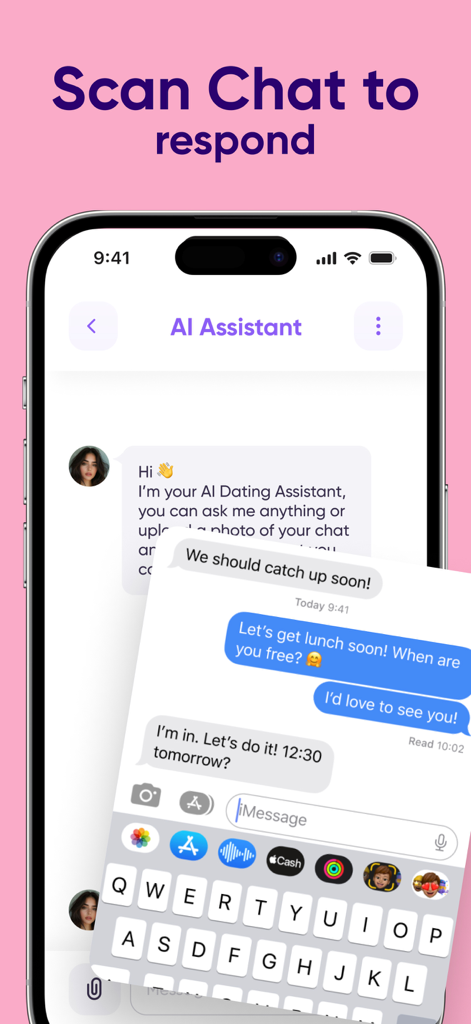 AI Dating Assistant: Badoo - Smartphone screen showing an AI dating assistant interface with a scan chat feature to generate responses for messages.