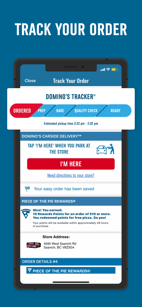 Real-time order tracker on the Domino's Canada app showing pizza preparation stages and carside delivery options.