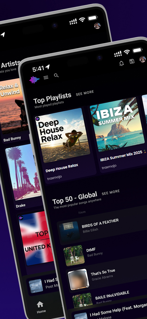 TraxMojo Music Streaming - Interfaz de la app de streaming musical TraxMojo mostrando playlists curadas y las 50 canciones más populares a nivel mundial
