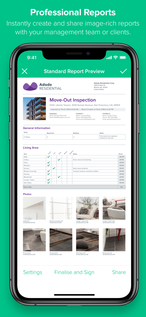 A mobile app preview of a professional move-out property inspection report with checklists and photos.