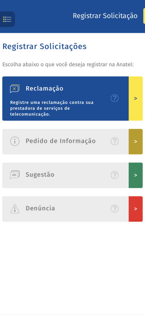 Anatel Consumidor Mobile - Écran de l'application Anatel Consumidor montrant les options pour enregistrer les plaintes et les demandes