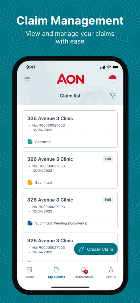 Aon Care+ mobile app screen displaying a list of medical claims with status updates like approved and submitted.