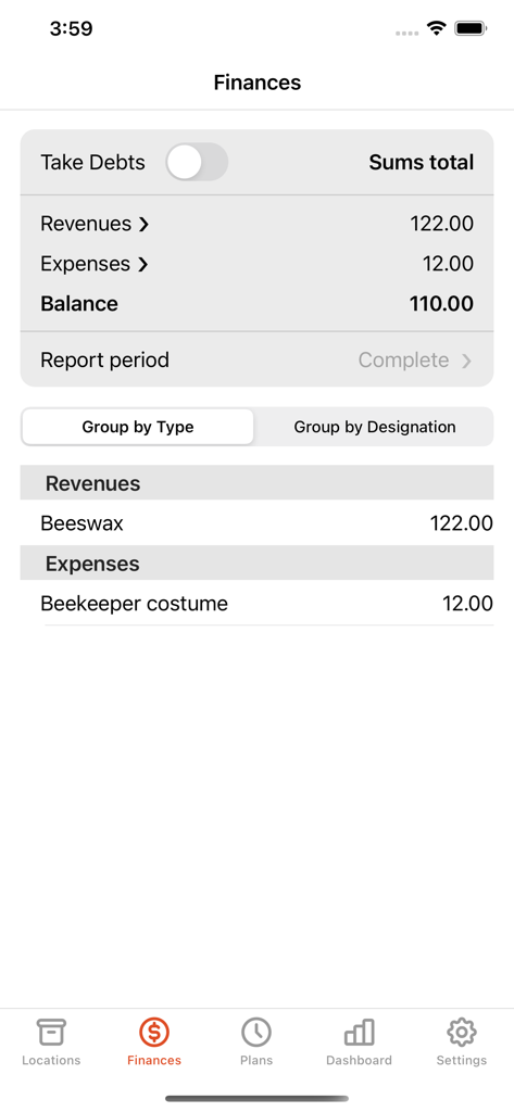 Beekeeping financial management screen showing revenue from beeswax and expenses for equipment