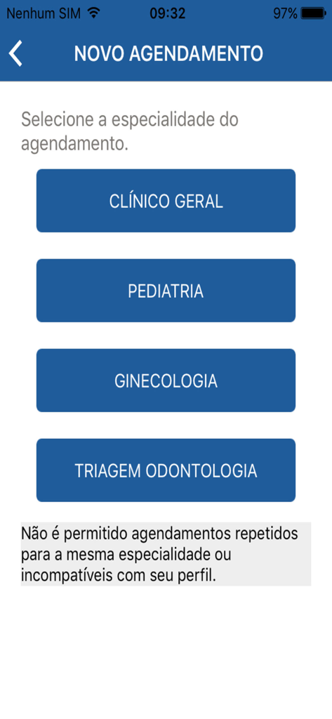Agenda Fácil - Prefeitura SP - Selection screen for medical specialties in the Agenda Facil app
