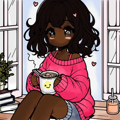 cute anime girl reading book and drinking hot chocolate from mug with loose wavy hair wearing a baggy sweatshirt and shorts sitting by windowsill looking out