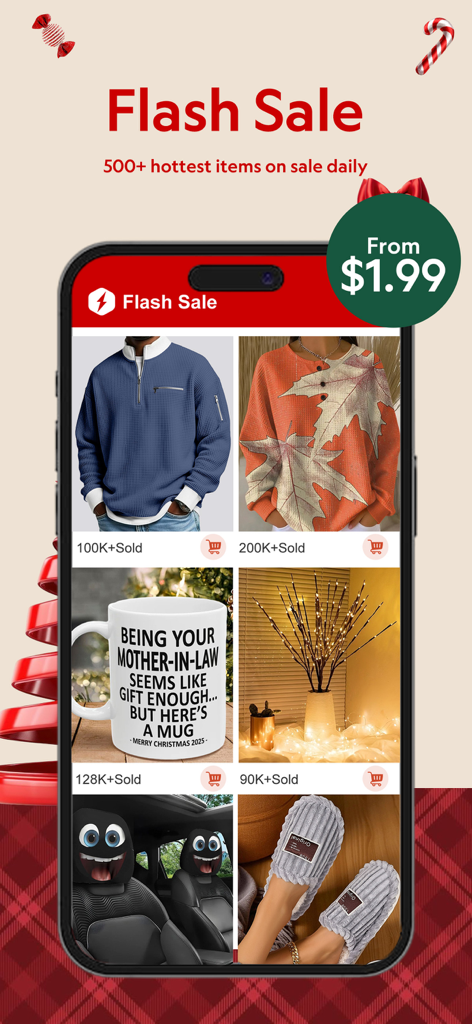 Pantalla de venta flash de la aplicación móvil LightInTheBox que muestra artículos de moda, decoración del hogar y regalos con descuento a partir de 1,99 dólares.