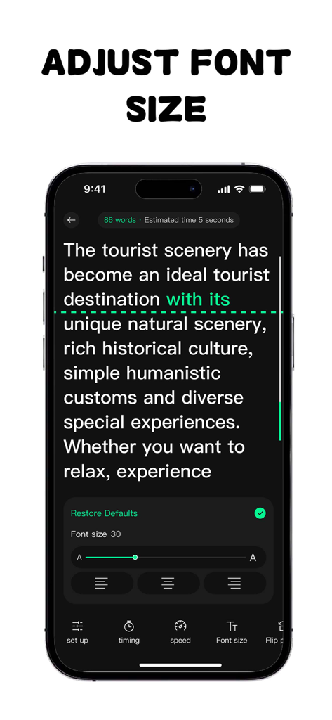 Teleprompter & Captions-TeCap - TeCap teleprompter app screen for adjusting font size and text alignment