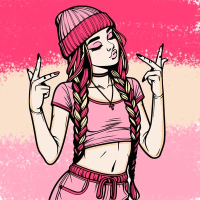 realistic teenage girl with braids and a beanie and crop top doing 🫶🏼