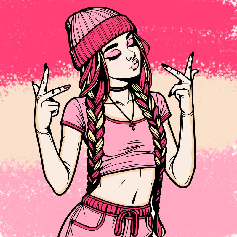 realistic teenage girl with braids and a beanie and crop top doing 🫶🏼
