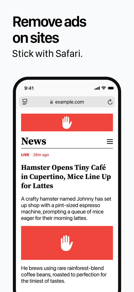 1Blocker - Screenshot of 1Blocker app demonstrating how it removes ads from a website in Safari using red placeholders with hand icons.
