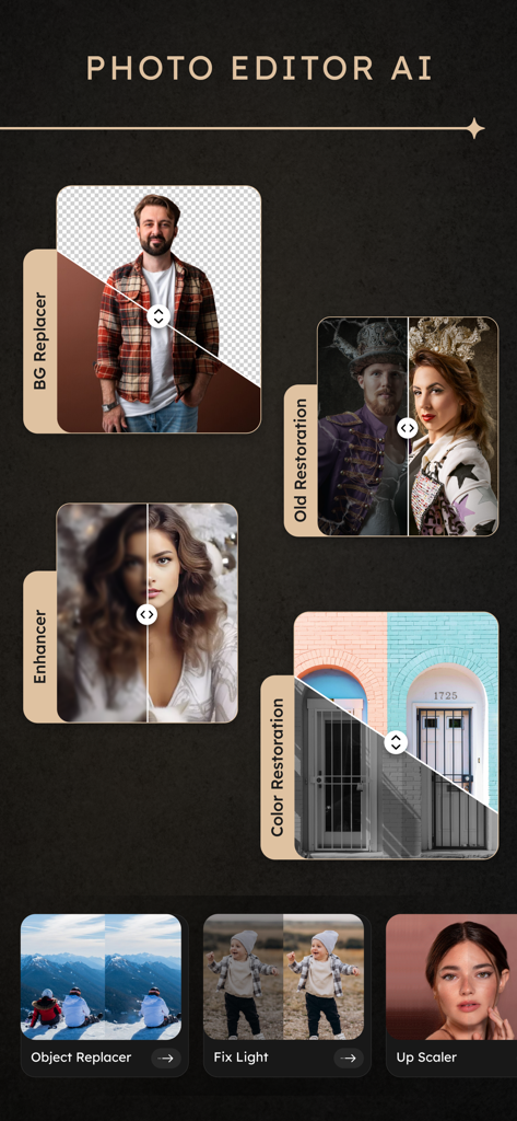 AI Photo Editor: Remove Object - Interface de l'Éditeur Photo IA montrant des fonctionnalités telles que le remplacement d'arrière-plan, la restauration de vieilles photos, l'amélioration et la restauration de couleurs.