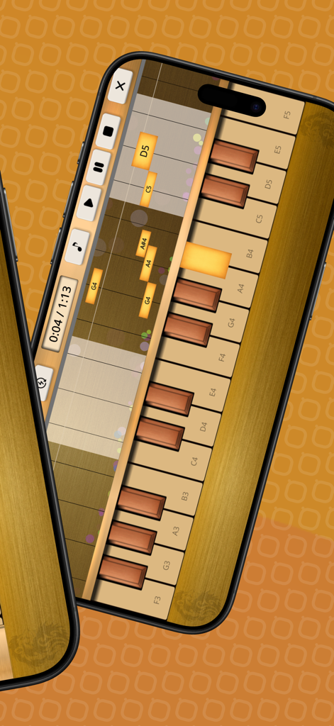 Trombone Sim - A smartphone screen displaying the Trombone Sim app recording interface with a wooden style keyboard and scrolling musical notes.