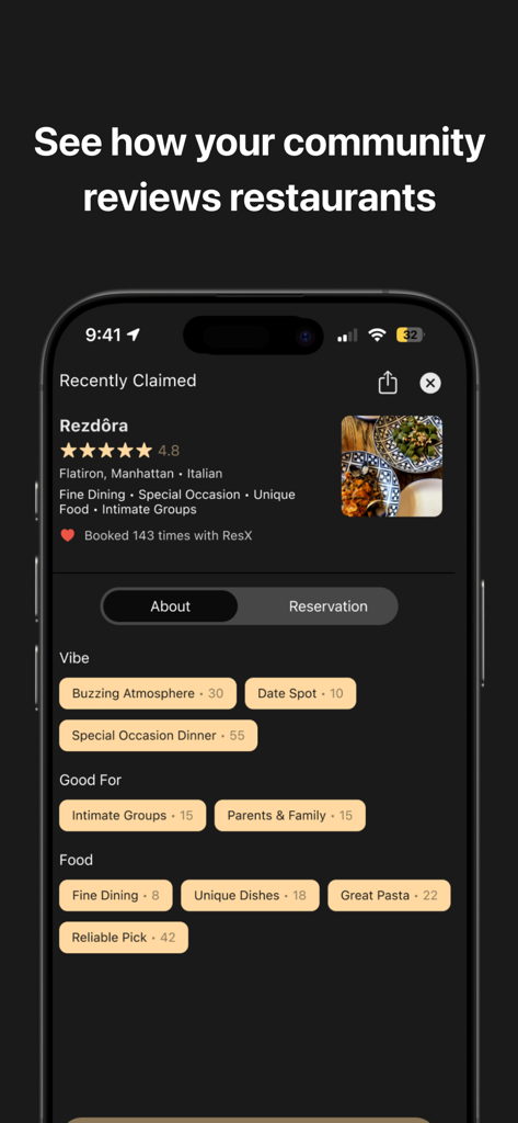 ResX - Interfaccia dell'app ResX che mostra recensioni della community e tag descrittivi per un ristorante italiano a Manhattan