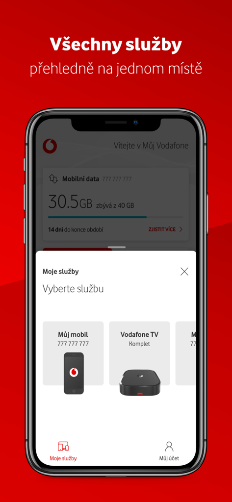 Muj Vodafone mobile app interface displaying data usage and service management options for mobile and TV