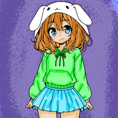 pretty anime girl wearing a fluffy hoodie with bunny ears on the hood and a skirt
