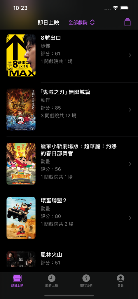 Interfaz de la aplicación Macau Movie que muestra una lista de películas que se están proyectando actualmente en los cines.