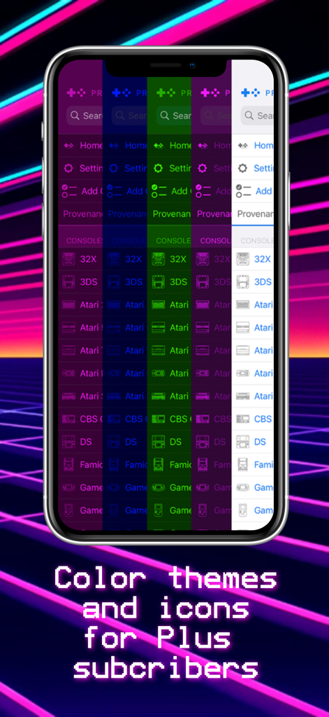Provenance App-Screenshot, der verschiedene Farbthemen und Retro-Konsolen-Icons für Plus-Abonnenten zeigt