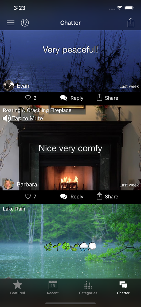 White Noise Market - El feed social de Chatter en la aplicación White Noise Market mostrando publicaciones y comentarios de usuarios sobre sonidos ambientales pacíficos.