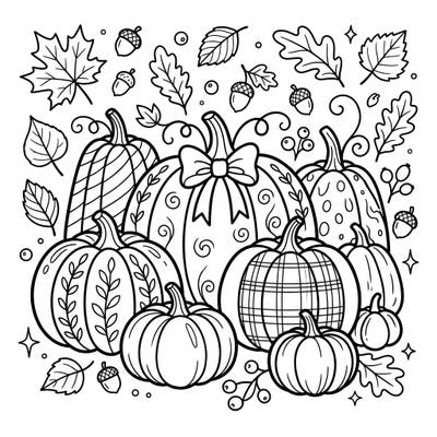 Enjoy a comforting scene of decorative autumn pumpkins adorned with unique patterns and surrounded by fall leaves. This accessible coloring page features large print and clear outlines, perfect for seniors seeking a relaxing and engaging artistic activity.