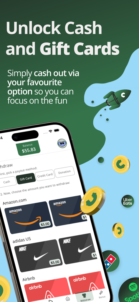 myCashery: Earn Money - Interfaz de la aplicación móvil para canjear recompensas en efectivo y tarjetas de regalo, incluyendo Amazon Nike y Airbnb