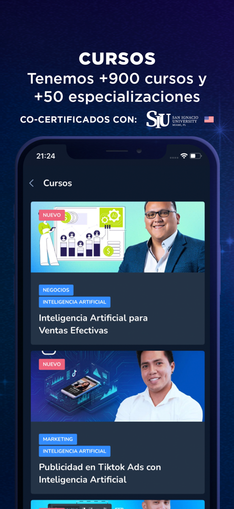 NETZUN - Interface do aplicativo móvel NETZUN mostrando cursos de desenvolvimento profissional e especializações certificadas pela universidade em espanhol