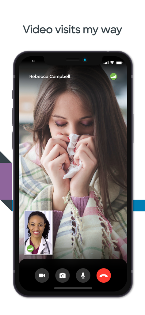 MyBSWHealth - A smartphone screen showing a telehealth video call between a patient and a doctor in the MyBSWHealth app