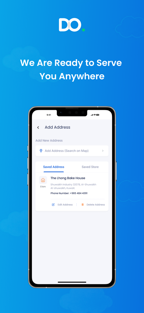 DoDelivery app interface showing the Add Address screen with a saved location for a bake house in Kuwait