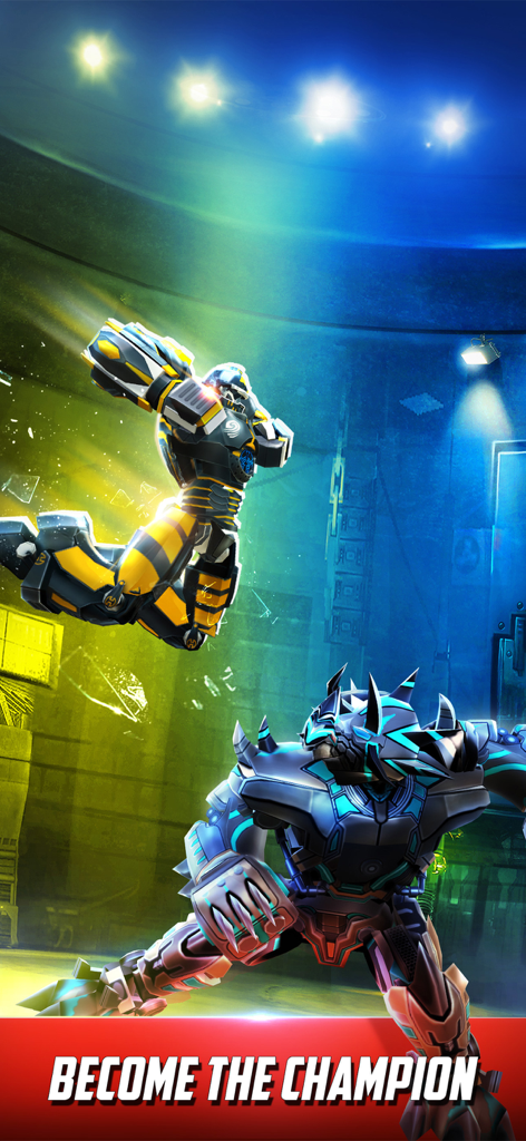 World Robot Boxing - Dos robots gigantes luchando en una arena de boxeo con el texto Conviértete en el Campeón