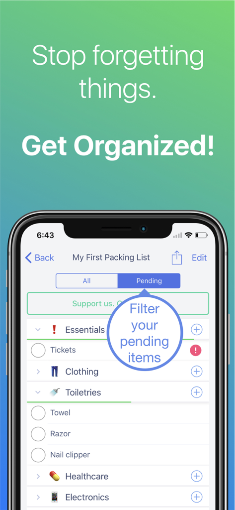 Packing List Checklist app interface displaying a travel list filtered by pending items