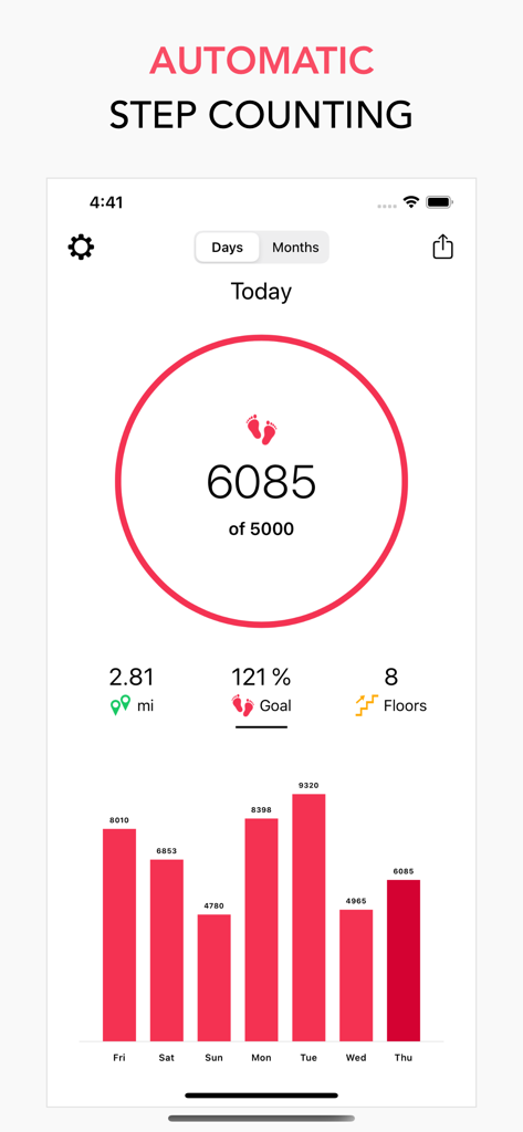 Dashboard of the doSteps app showing a daily step count of 6085 and a weekly progress bar chart.