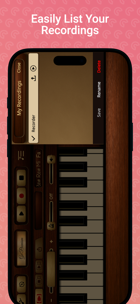 Recorder Sim - Der Bildschirm 'Meine Aufnahmen' in der Recorder Sim App zeigt gespeicherte Musikdateien mit Optionen zum Umbenennen oder Teilen.