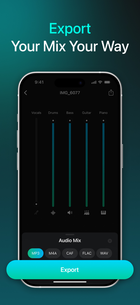 VoxOff app export screen displaying audio stem adjustments and file format selection for MP3, WAV, and more
