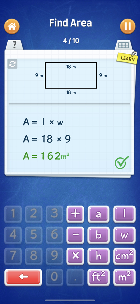 Math game interface showing a rectangle area calculation tutorial