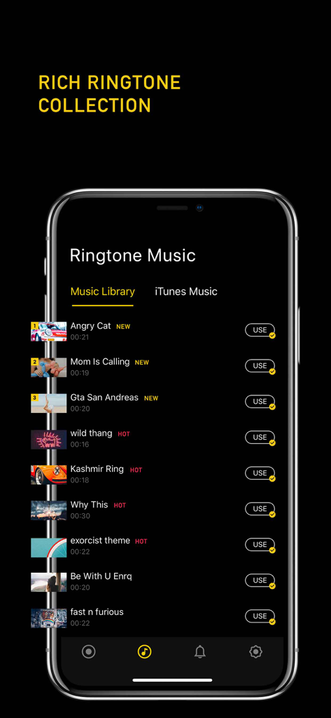 Ringtone Maker + - Interfaccia dell'app Ringtone Maker plus che mostra una ricca raccolta di musica per suonerie con pulsanti di utilizzo per suoni personalizzati