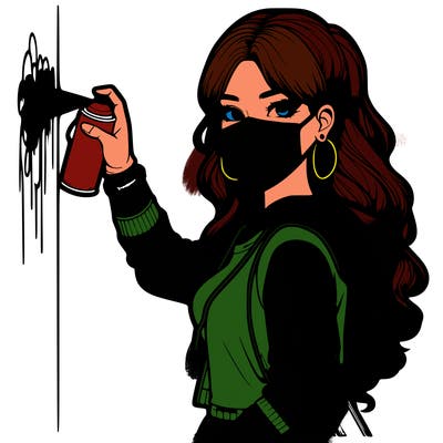 realistic girl with mask spray painting a wall