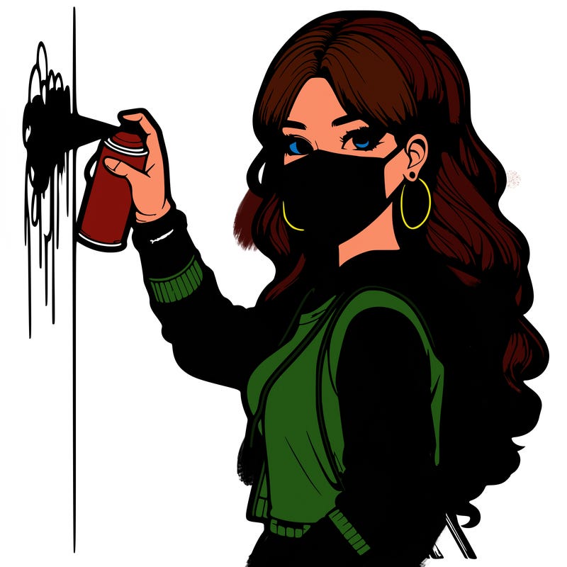 realistic girl with mask spray painting a wall