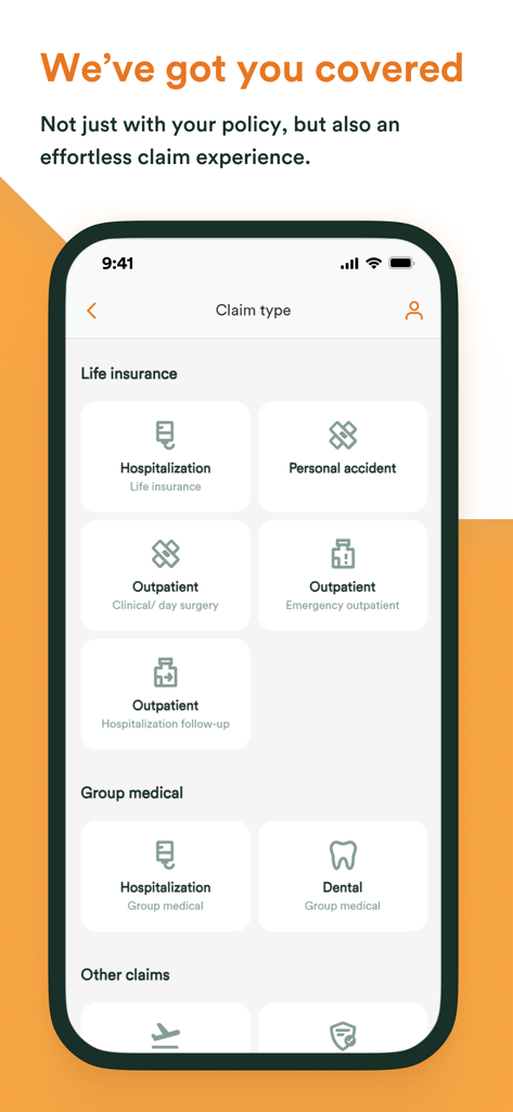 FWD eServices HK - FWD eServices HK app screen showing various insurance claim types for easy submission