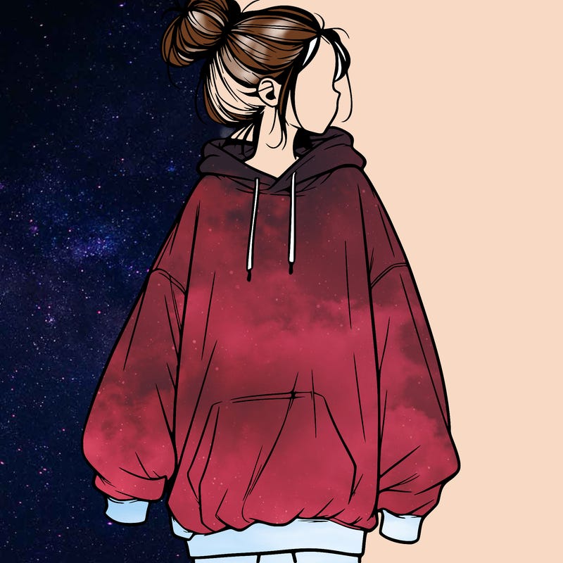 realistic girl with a oversized sweatshirt on and a bun