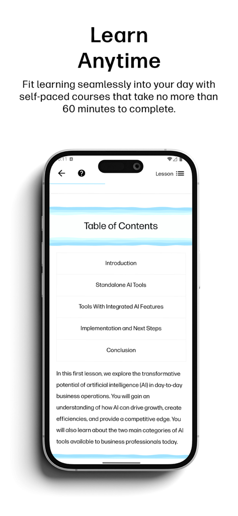 HP LIFE - Smartphone screen showing an HP LIFE business course about artificial intelligence with a table of contents and lesson text.