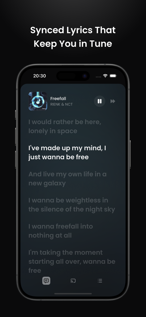 Agin Music – Navidrome Client - Interface do aplicativo Agin Music mostrando letras sincronizadas em um iPhone.