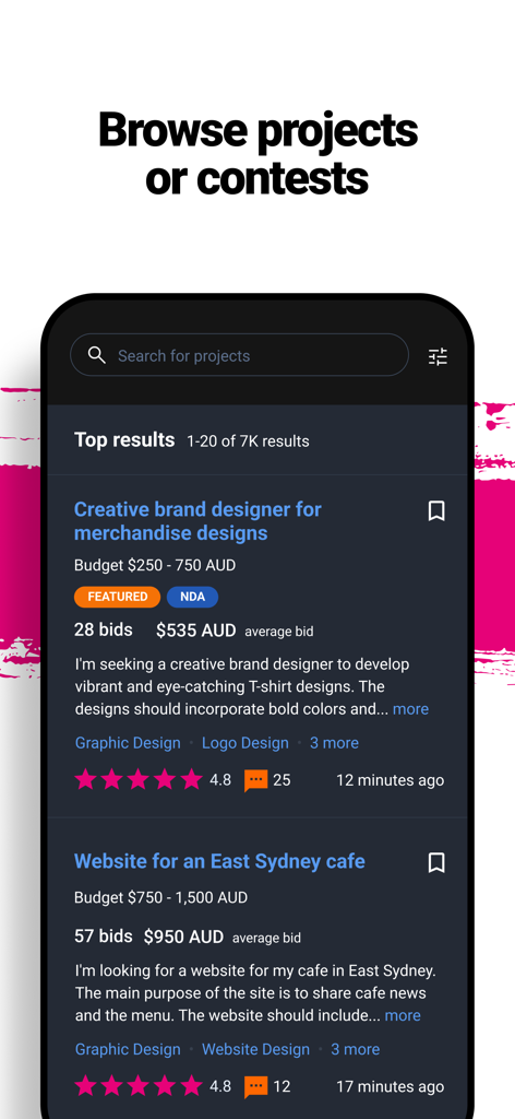 Freelancer - Hire & Find Jobs - Captura de pantalla de los resultados de búsqueda de proyectos de la aplicación Freelancer que muestra ofertas de trabajo para diseño de marca y desarrollo de sitios web.