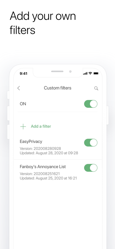 Oberfläche zum Hinzufügen und Verwalten von benutzerdefinierten Werbeblocker-Filtern in AdGuard Pro