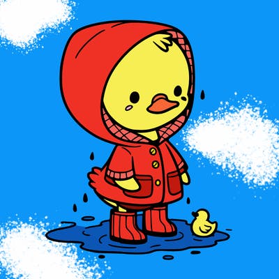 baby duck in a rain coat and boots, in a puddle while it’s raining