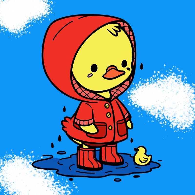 baby duck in a rain coat and boots, in a puddle while it’s raining
