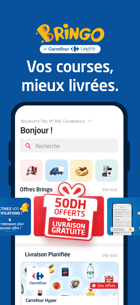 Bringo by Carrefour Maroc - Bringo by Carrefour Maroc mobile app home screen showing grocery delivery promotions and categories