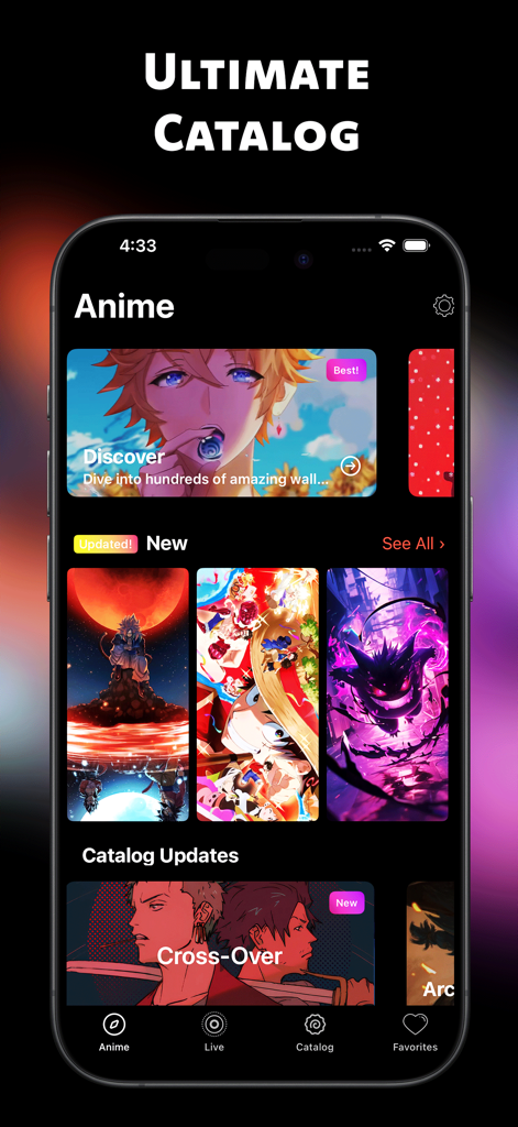 Anime Wallpaper - Live Engine - Anime Wallpaper app interface showing the ultimate catalog with various anime characters and background styles.