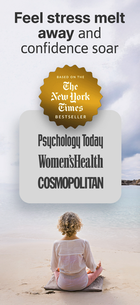 Mulher meditando em uma praia com texto de alívio do estresse e endossos da mídia do The New York Times e Cosmopolitan